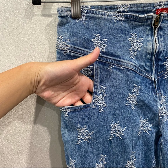 Vintage Flare Denim Midrise Jeans with Allover Embroidery Print Blue Medium Wash - Picture 4 of 7